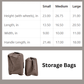 The size chart for each piece of luggage and they all come with storage bags.