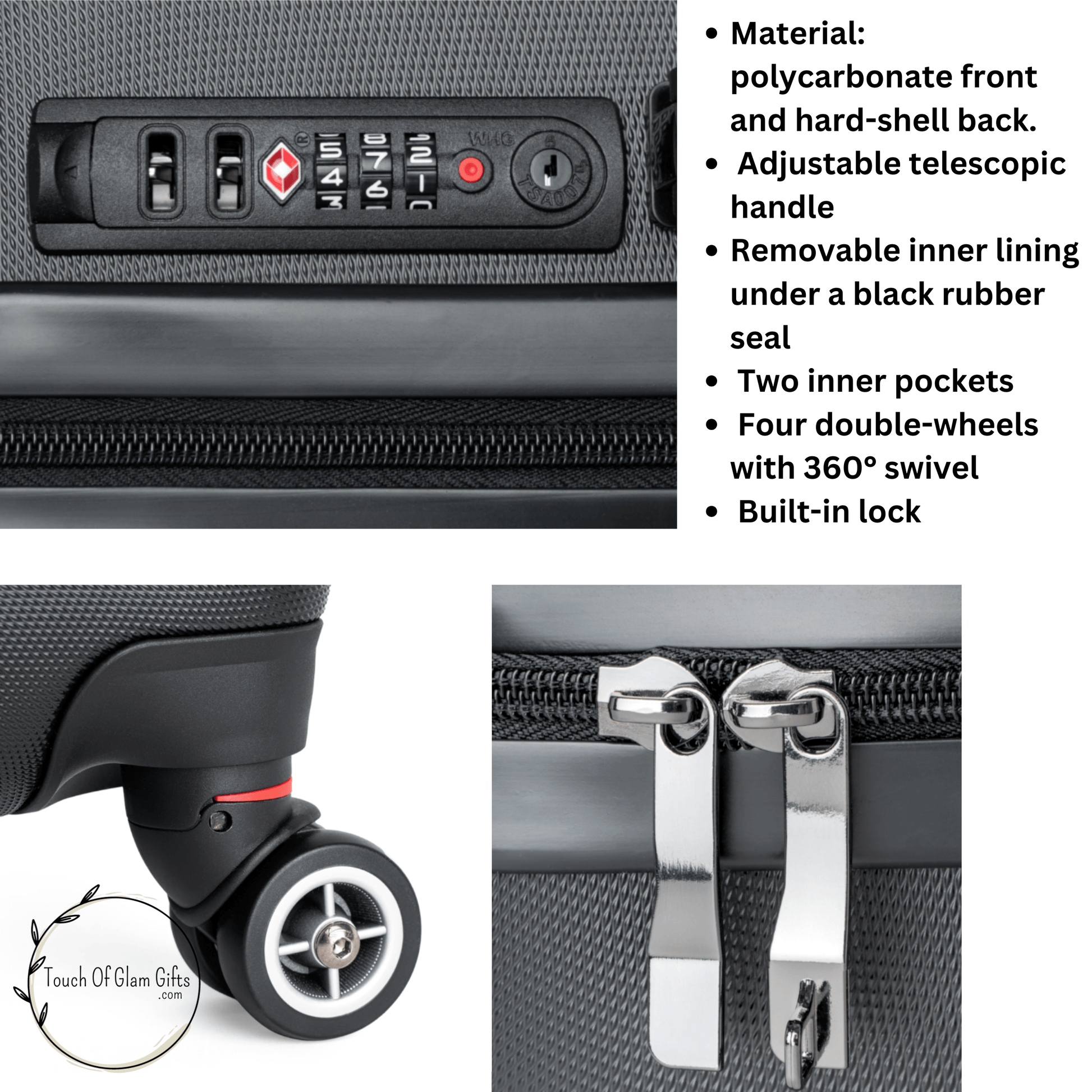 The double wheels on all our luggage, the quality zipper and reprogrammable lock with tsa lock.