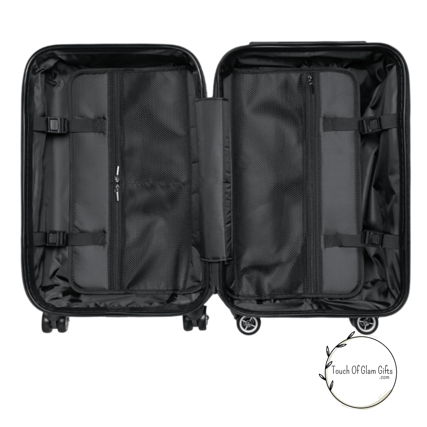 The inside our our suitcase has dividers with pockets for extra storage and both dividers clip to hold your personal belongings when closing the suitcase.
