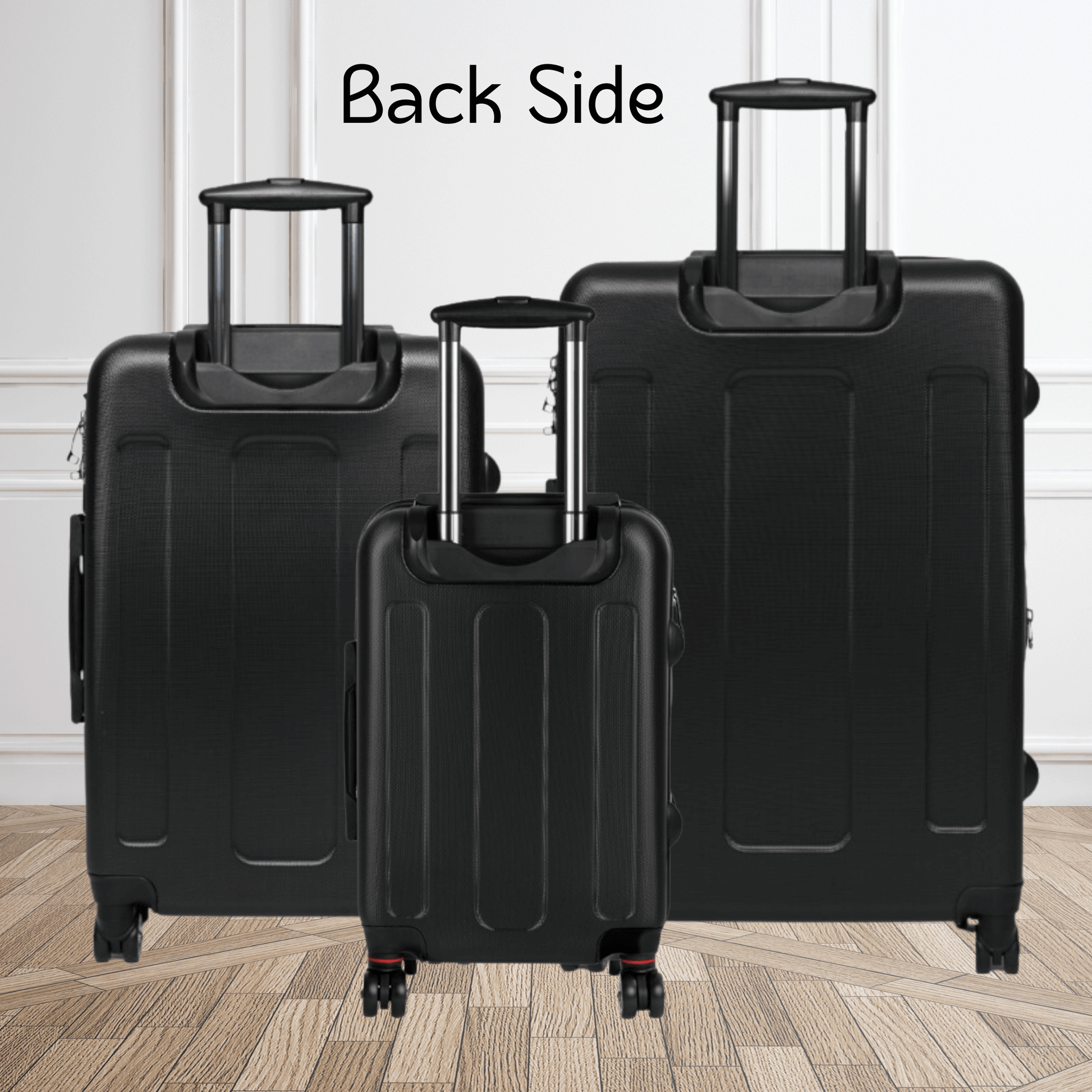 The back side of our luggage is black and scratch resistant.