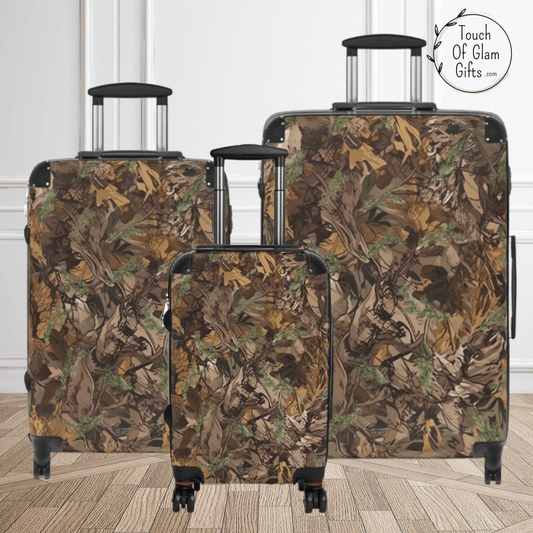 The camo suitcase set without personalization and enjoyed as is and shown in three sizes of suitcases for men.