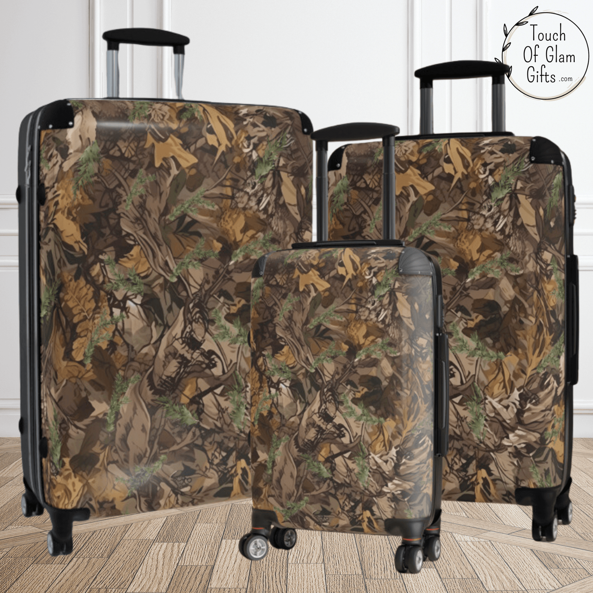 A side view of our mens luggage with camo print shows the camouflage print wraps around to the sides and meets the black back halfway. 