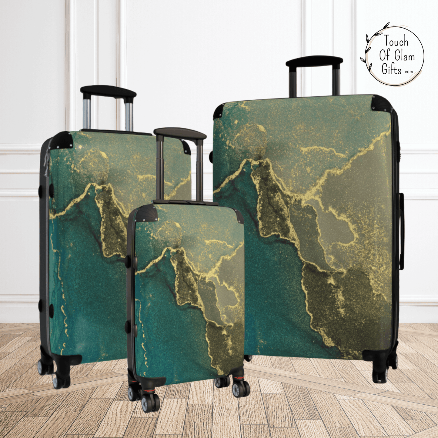 three sizes of suitcases with a designer marble look for this designer luggage set.