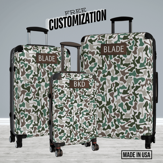 Personalized Camo Luggage Set for Men Camouflage Carry On Bag Gift Idea for Hunter Monogram Spinner Suitcase Mens Travel Bag Essential
