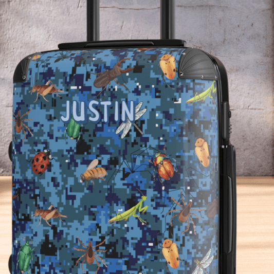 Blue Camo Luggage for Kids Bug Suitcase for Boy