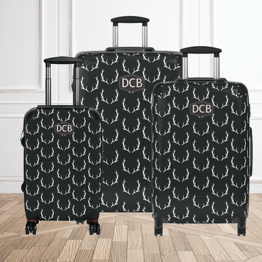 Our monogrammed deer antler design luggage set is sleek with a black background and makes the perfect gift for a deer hunter. The luggage comes in three different suitcase sizes for men.