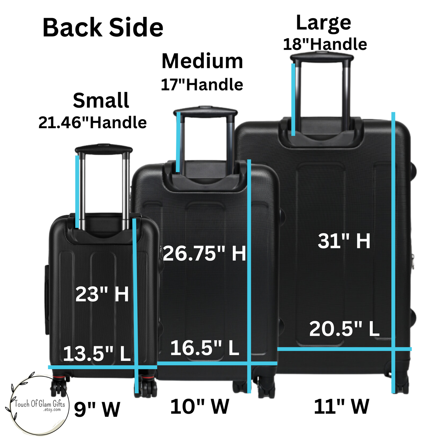 The back side of our luggage is black and this shows the sizes of each of the three sizes.