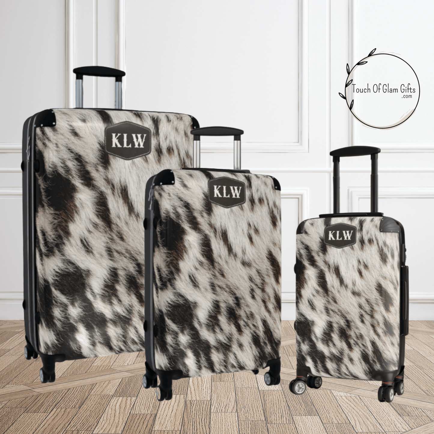 Personalized Cowhide Luggage Set #2, Cow Print Hard Shell Suitcases, Western Style Luggage