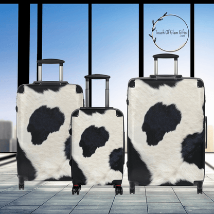 Personalized Cowhide Luggage Set #3, Cow Print Hard Shell Suitcases, Western Style Luggage