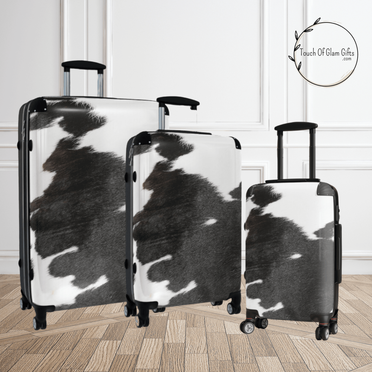 Personalized Cowhide Luggage Set #4, Cow Print Hard Shell Suitcases, Western Style Luggage