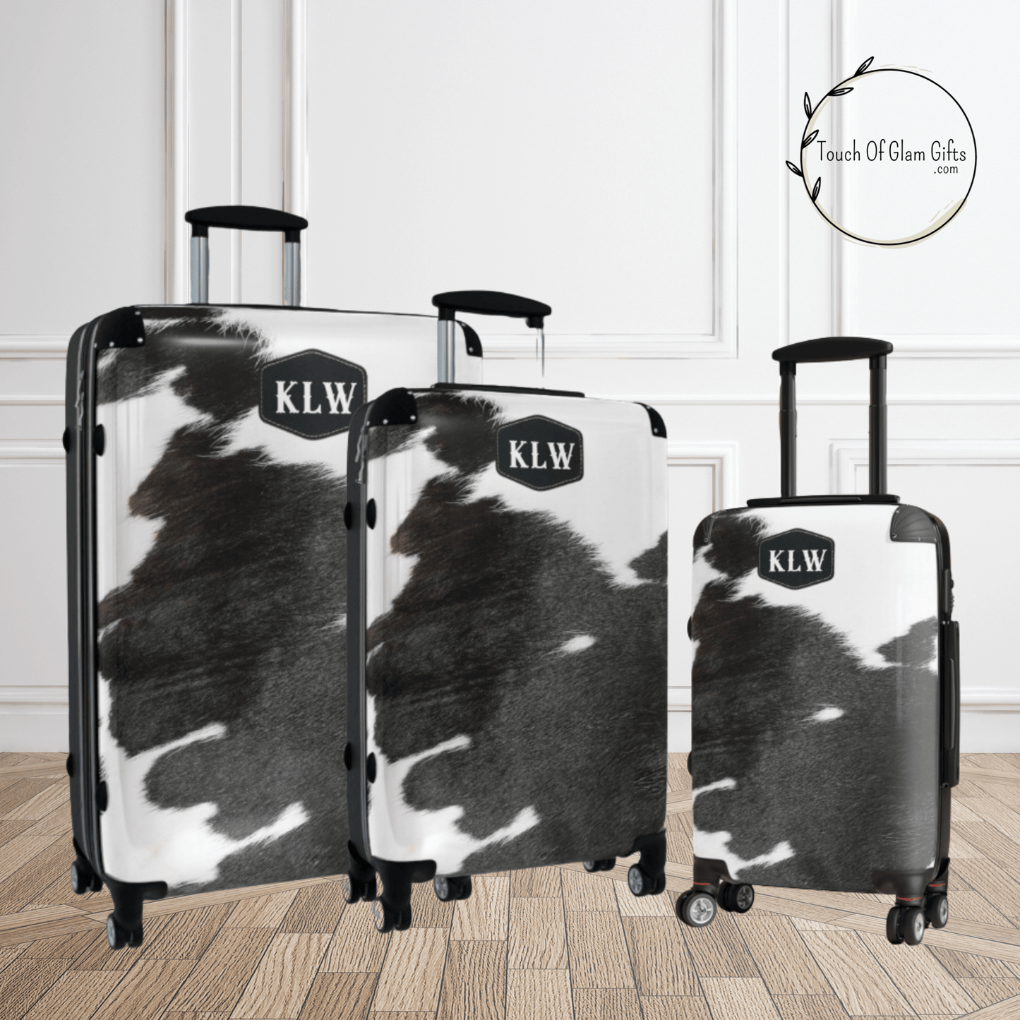 Personalized Cowhide Luggage Set #4, Cow Print Hard Shell Suitcases, Western Style Luggage