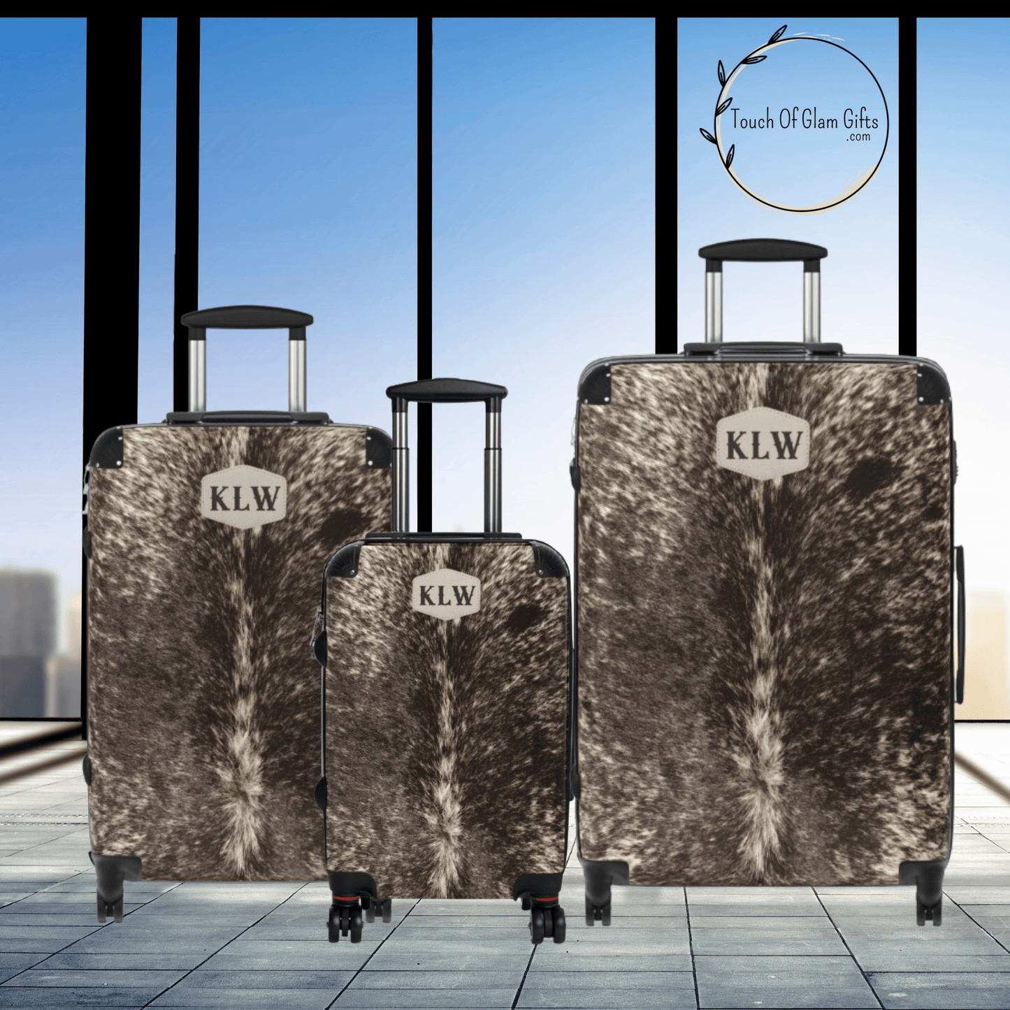 Personalized Cowhide Luggage Set #5, Cow Print Hard Shell Suitcases, Western Style Luggage