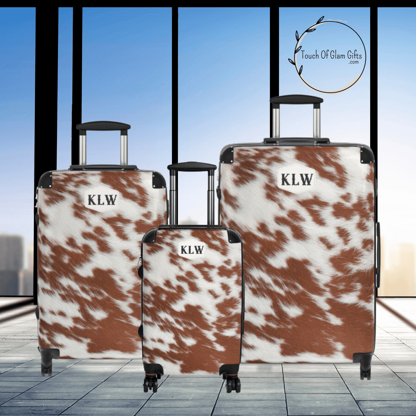 Personalized Cowhide Luggage Set #6, Cow Print Hard Shell Suitcases, Western Style Luggage