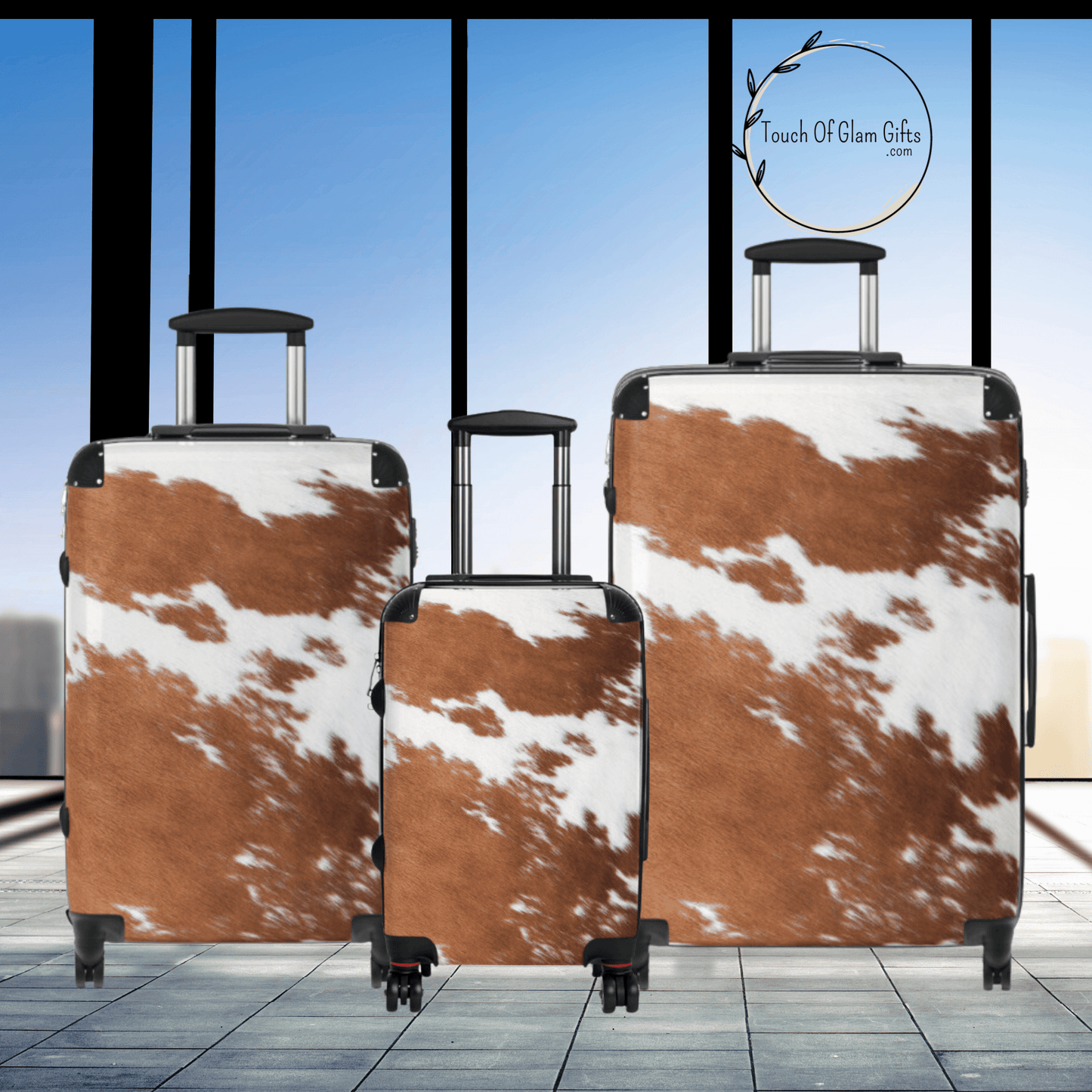 Personalized Cowhide Luggage Set #7, Cow Print Hard Shell Suitcases, Western Style Luggage
