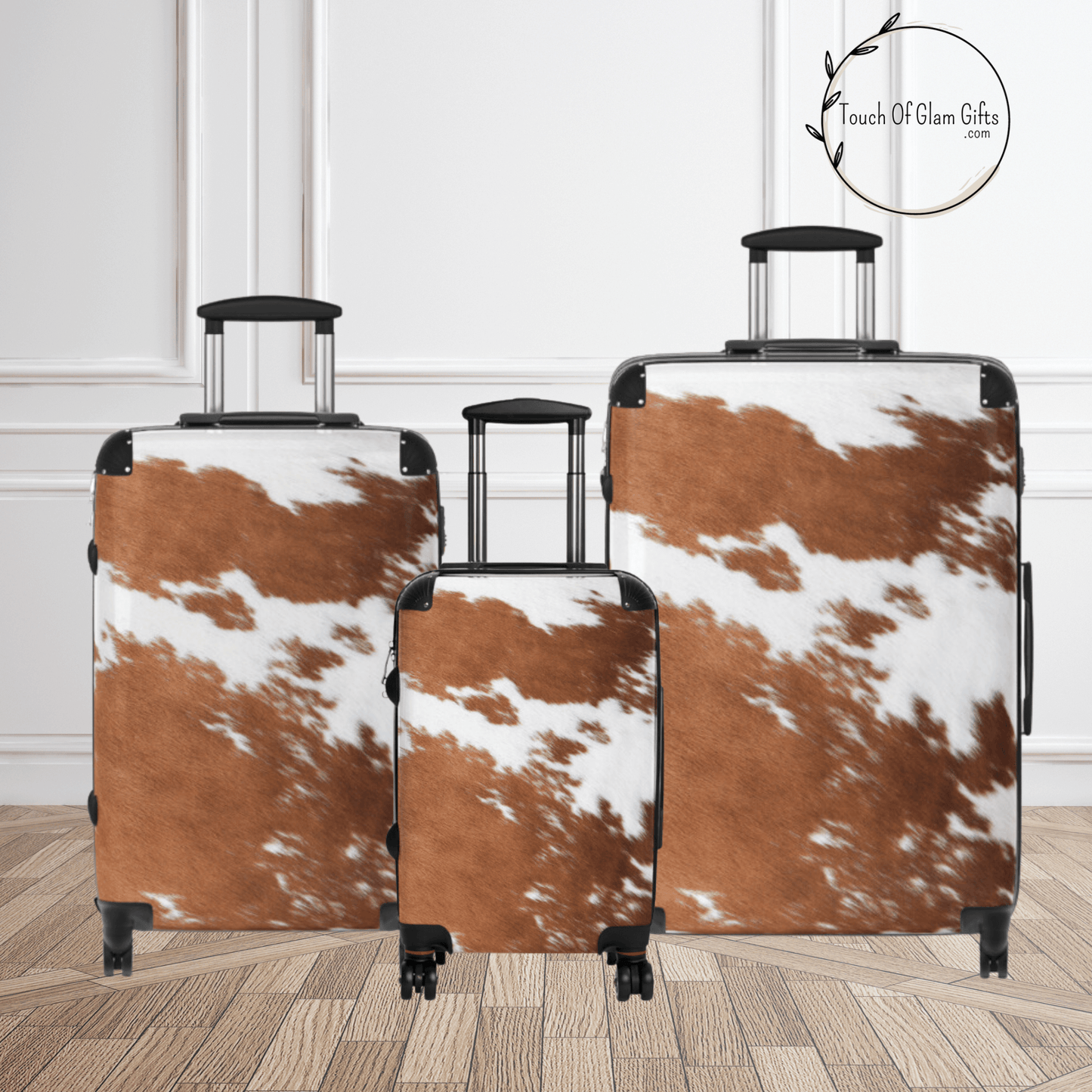 Personalized Cowhide Luggage Set #7, Cow Print Hard Shell Suitcases, Western Style Luggage