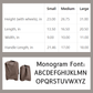 Size chart for luggage with wheels and the font used for custom monogrammed initials. Also a picture of the storage bags for each suitcase.
