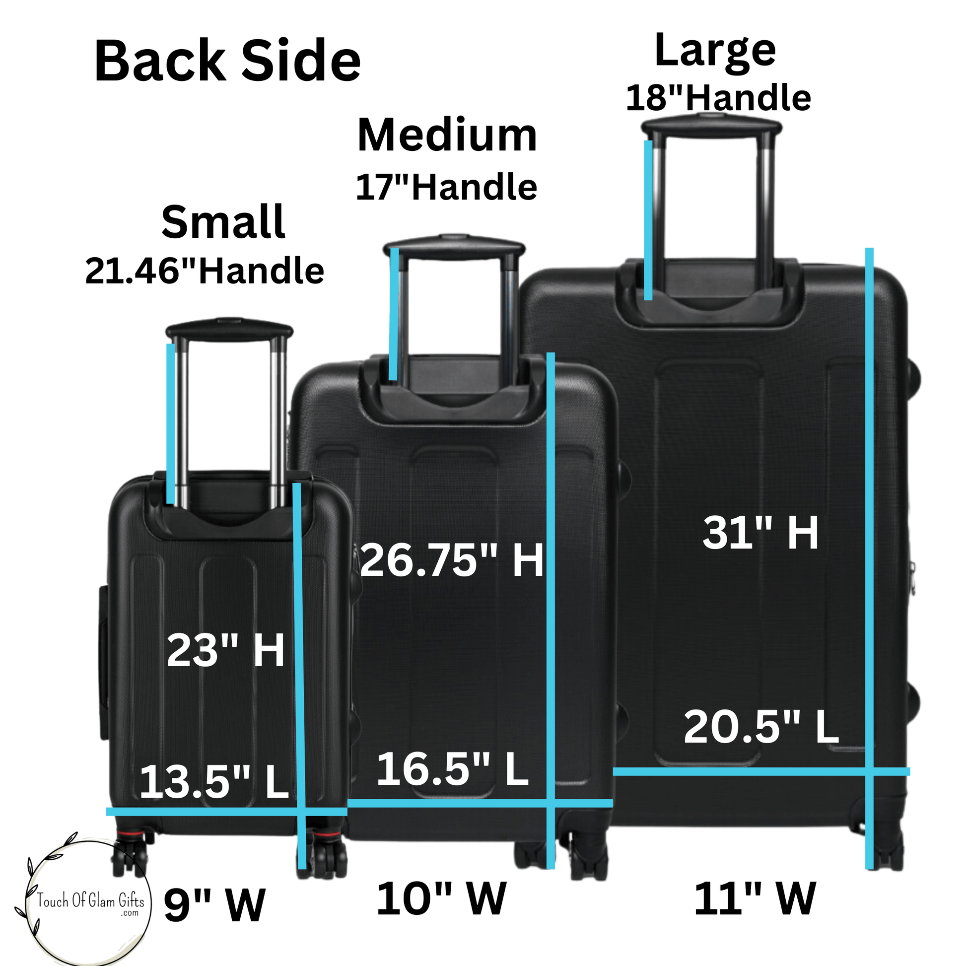 The back side of the hard shell luggage is plain black. This picture shows the 3 sizes back side and the measurements of eac. 