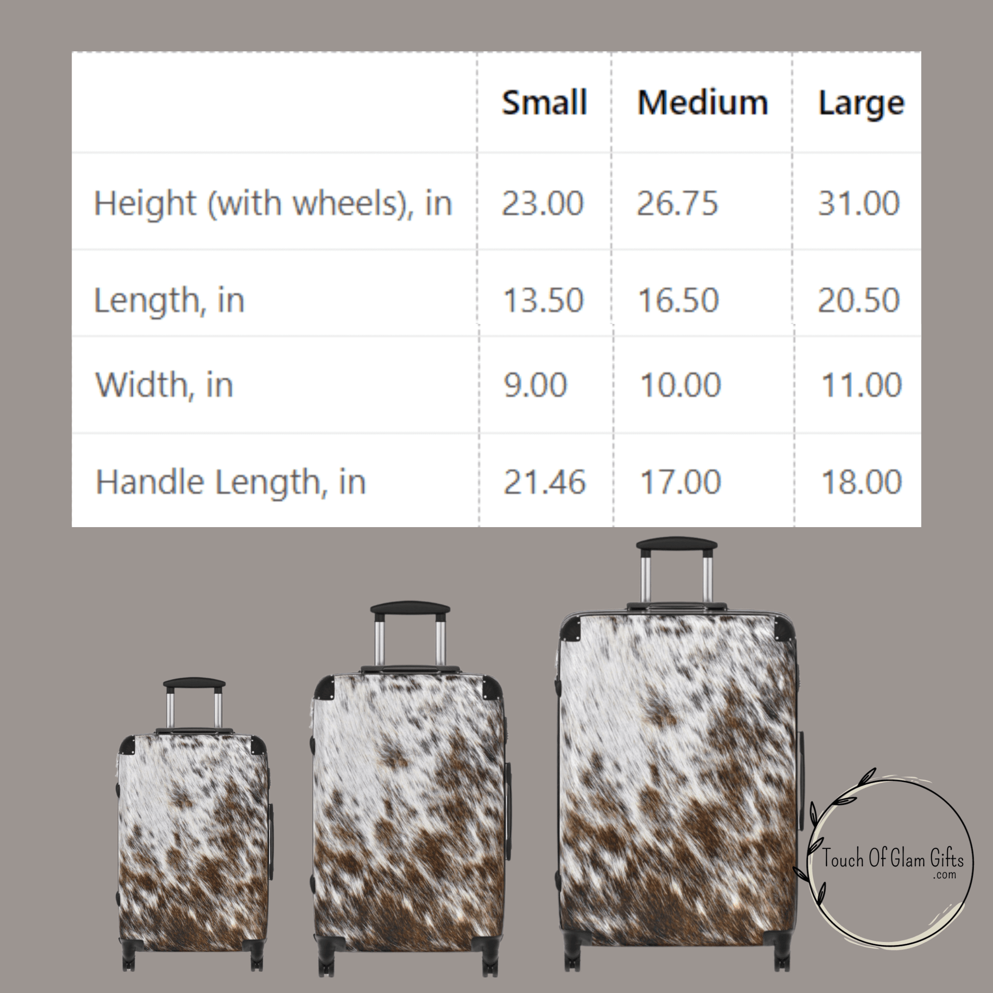 The size chart of the large luggage, medium luggage and small carry on bag, easier to see and compare sizes.