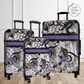 the design of purple with musical notes wraps half way around the suitcase and the back half is black scratch resistant hard plastic.