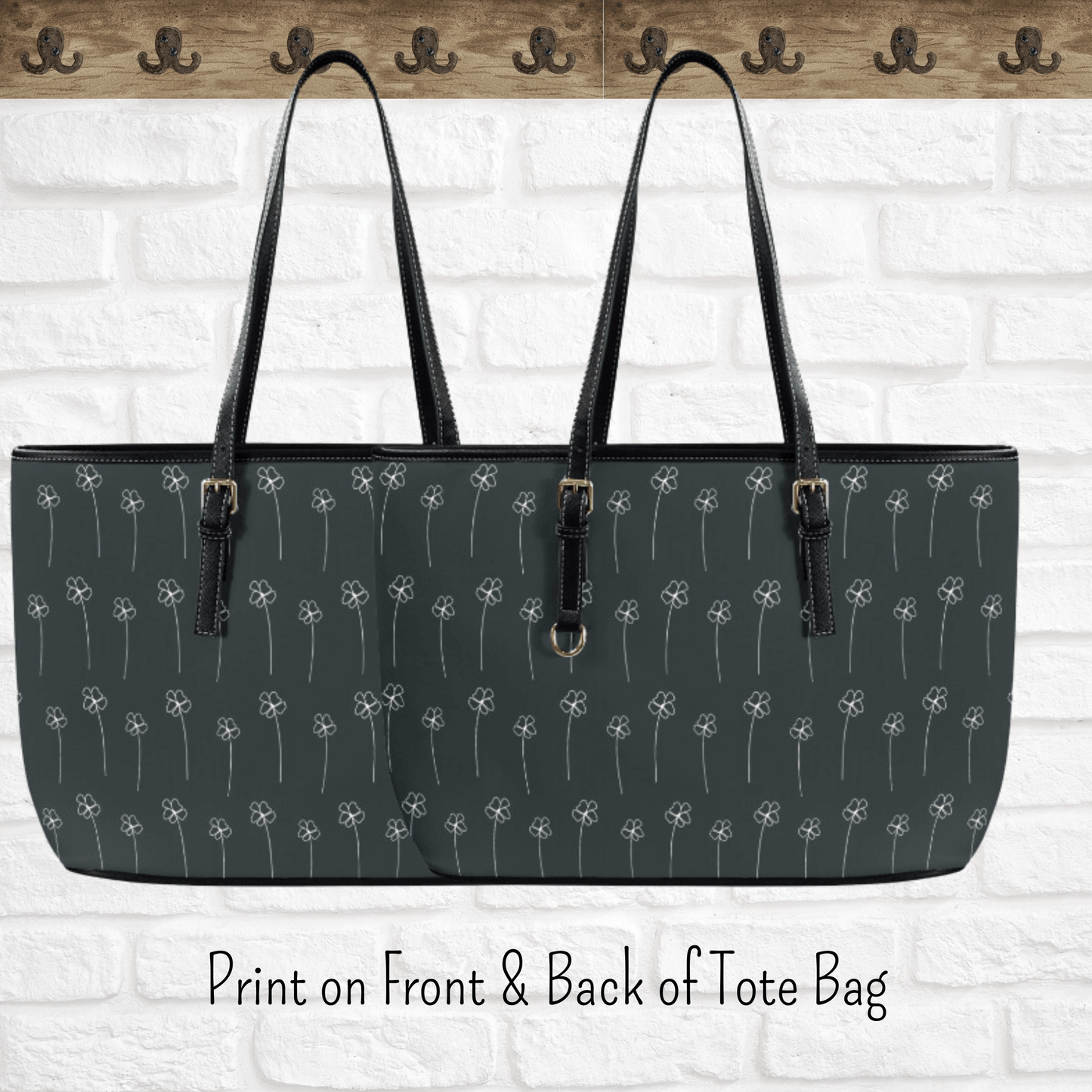 The front and back of our boho black tote bag has the same design