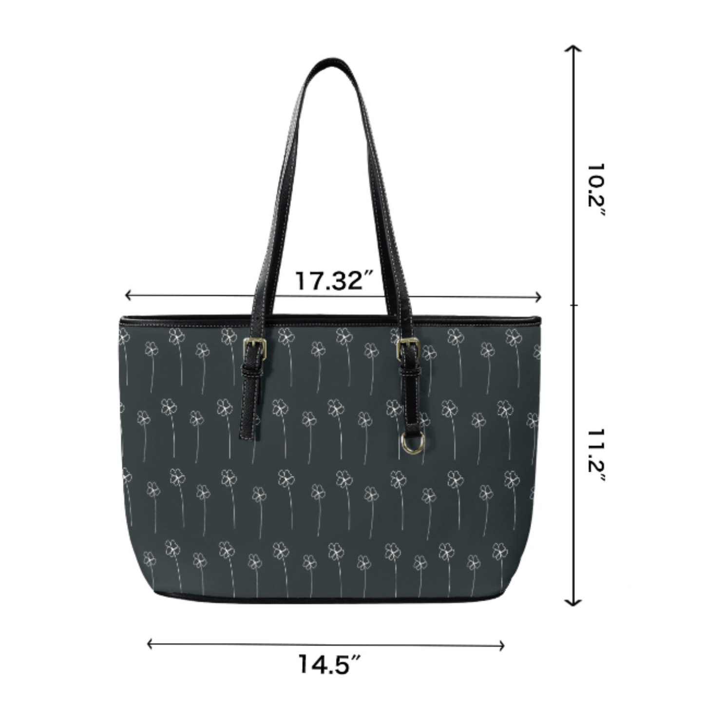 The size in inches shows over fourteen inces wide at the bottom, over eleven inches height on the bag, and over seventeen inches width at the opening of the tote bag purse.