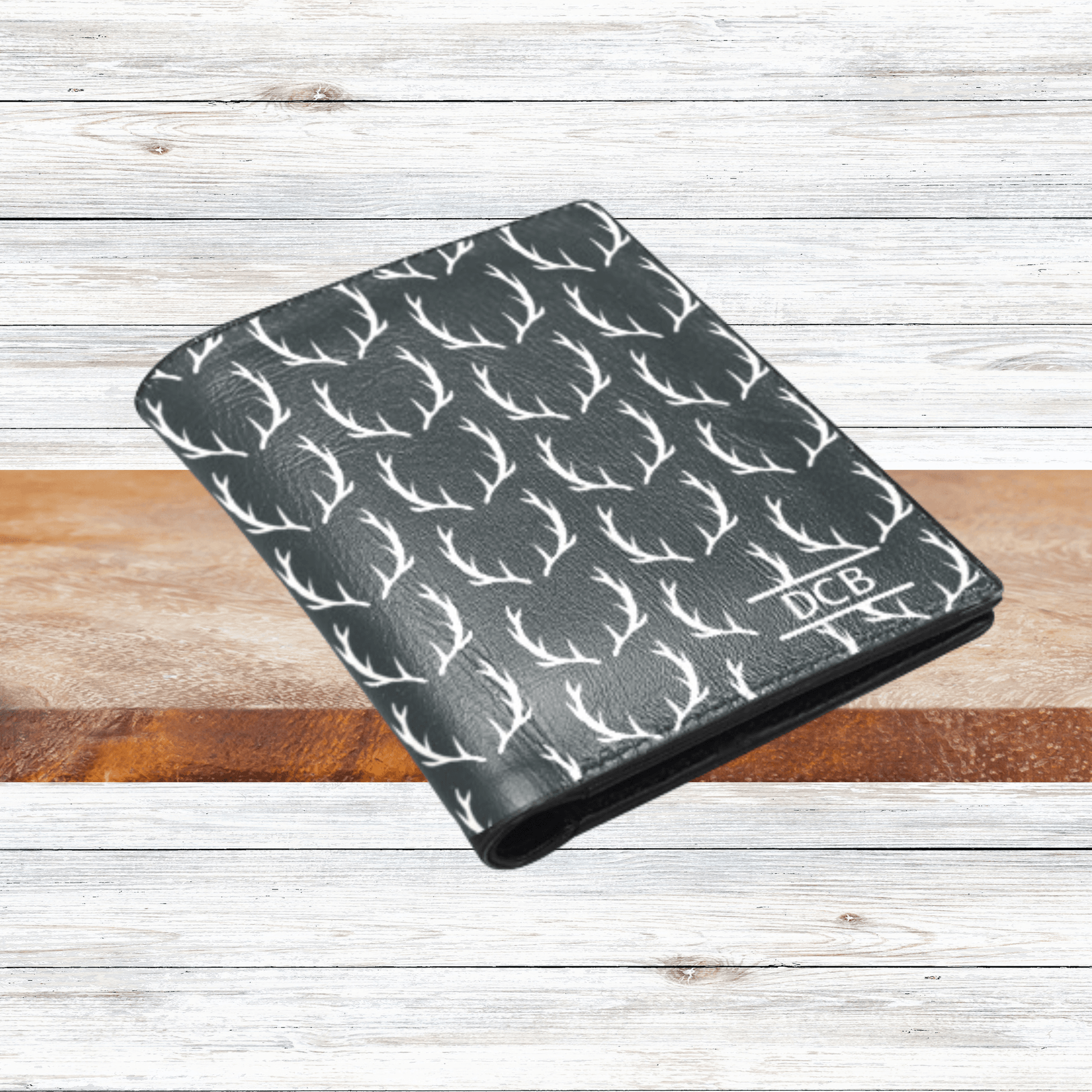 Our personalized black wallet for deer hunters. This sleek black wallet with deer antlers makes a great custom gift for groomsmen and outdoor lovers.