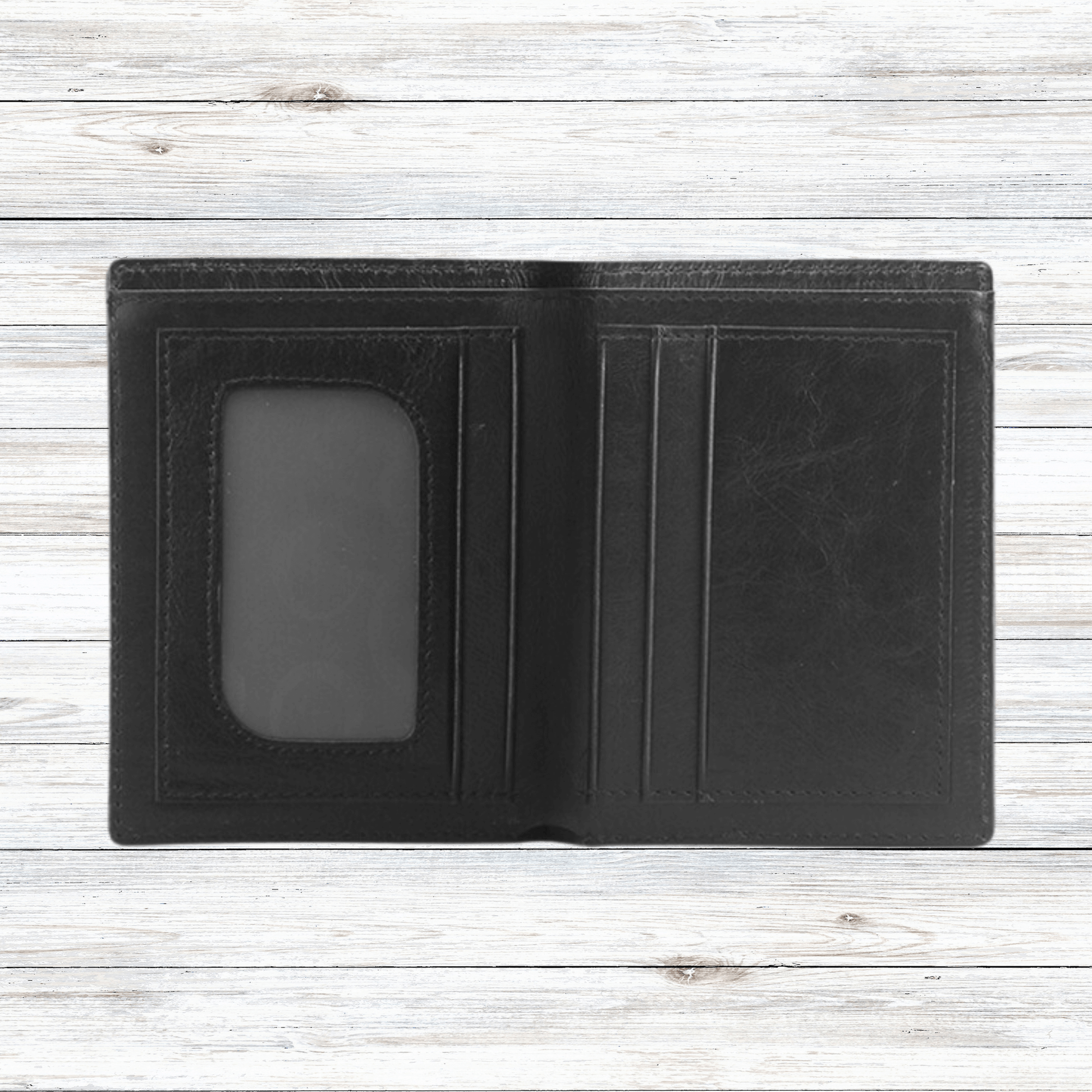 The inside of our black mens wallet shows four card holders and one window and two places for money