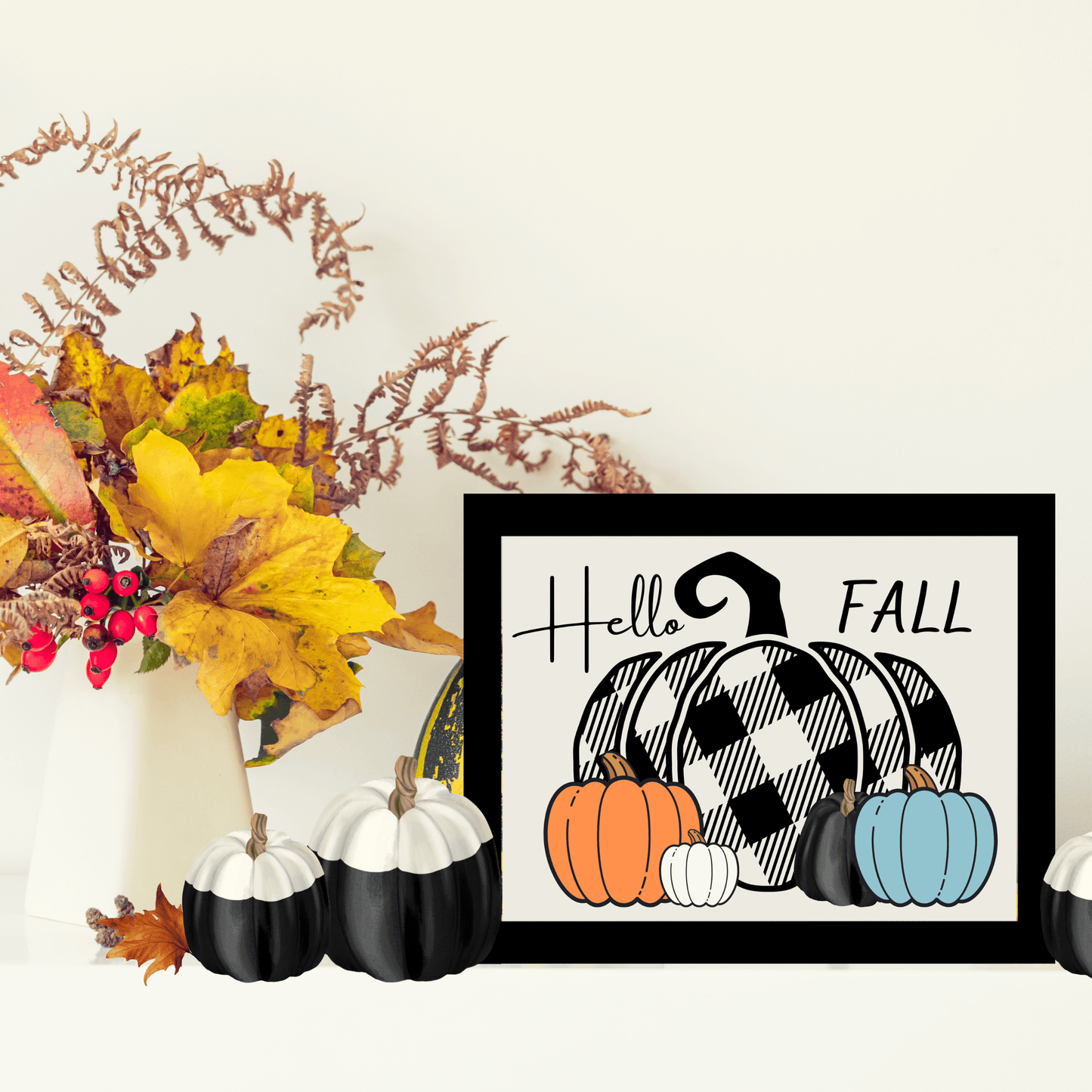 Printable Fall Wall Art, Fall Home Decor, Buffalo Plaid Pumpkin, Digital Download Art